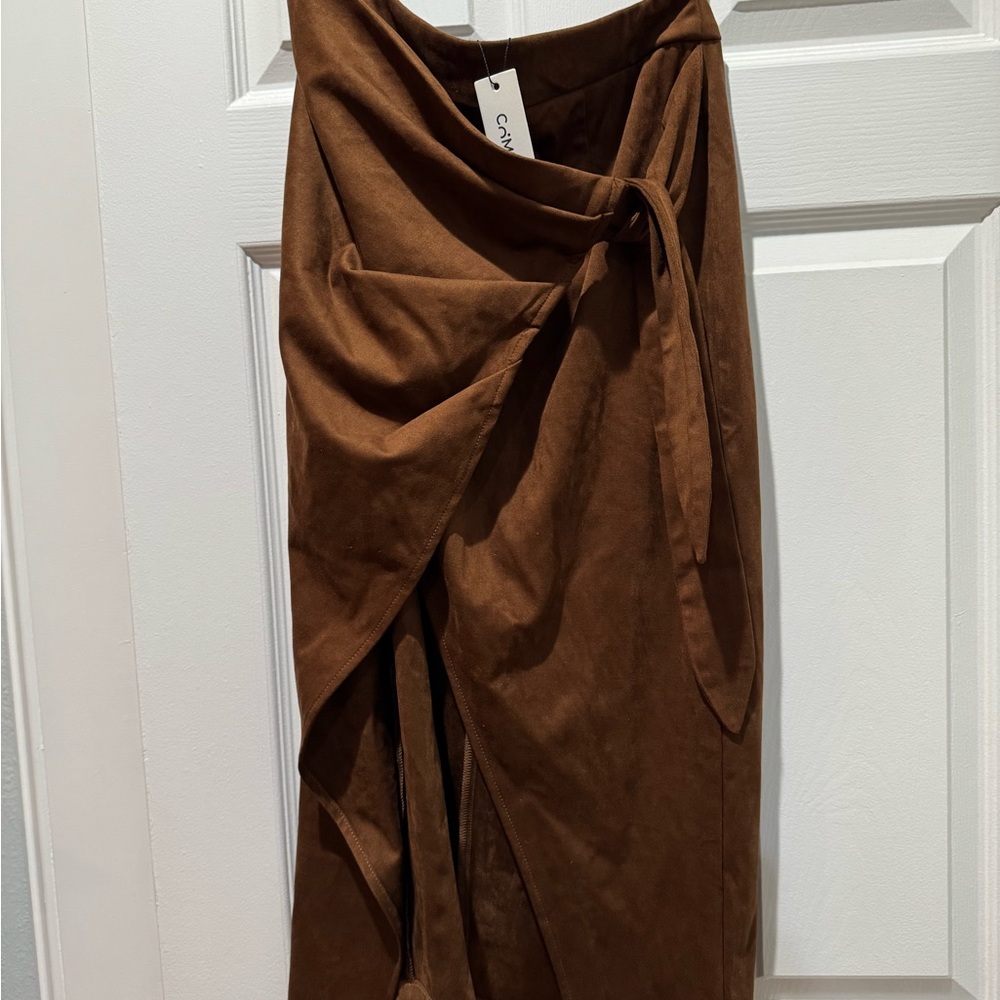Commense Chocolate Brown High-Low Wrap Skirt with Waist Tie